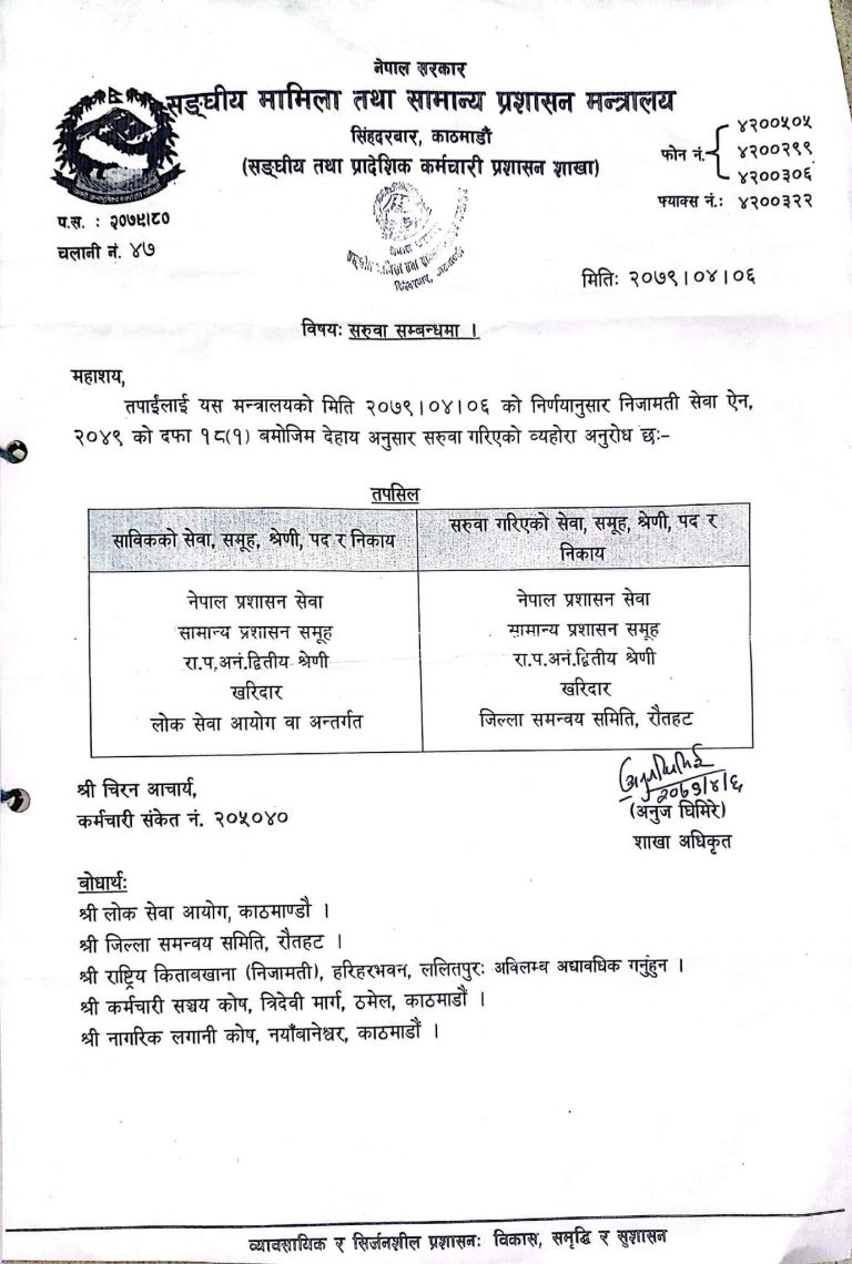 जिल्ला समन्वय समिति रौतहटका कर्मचारी हाजिर भएको दुई घण्टा नबित्दै सरुवा